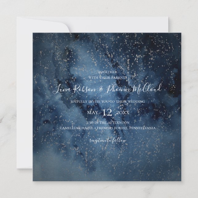 Invitación Cielo nocturno celeste | Boda Silver Square (Anverso)
