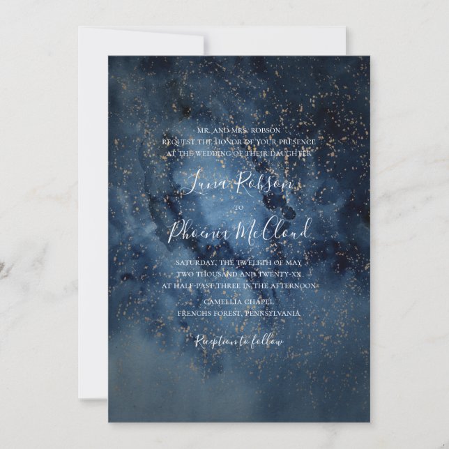 Invitación Cielo nocturno celeste | Boda tradicional de oro (Anverso)