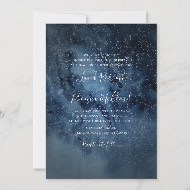 Invitación Cielo nocturno celeste | Boda tradicional plateado (Anverso)