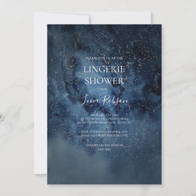 Invitación Cielo nocturno celeste | Ducha Silver Lingerie (Anverso)