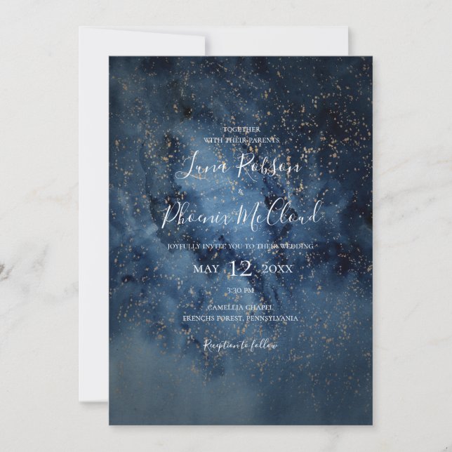 Invitación Cielo nocturno celeste | Oro Todo En Un Boda (Anverso)