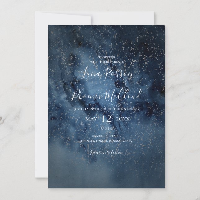 Invitación Cielo nocturno celeste | Plata Todo En Un Boda (Anverso)