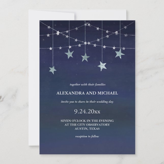 Invitación Cielo nocturno con un caprichoso Boda de las Estre (Anverso)