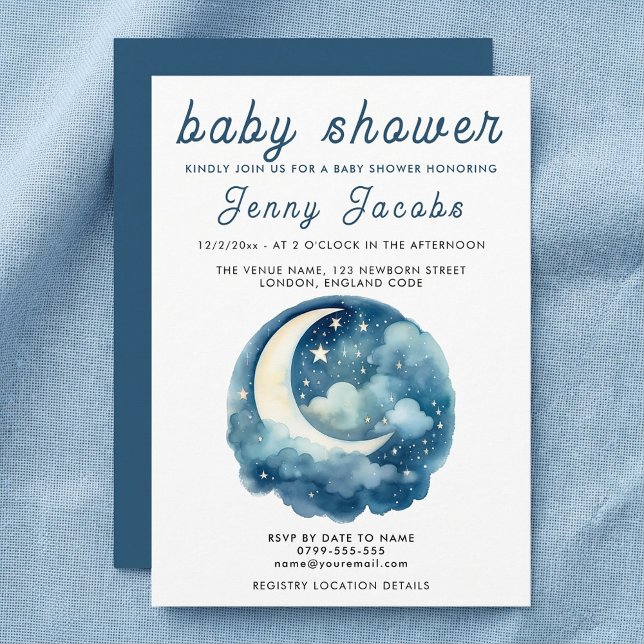 Invitación Cielo nocturno de Baby Shower de White Moon & Star (White Moon & Stars Baby Shower night sky Invitation.)