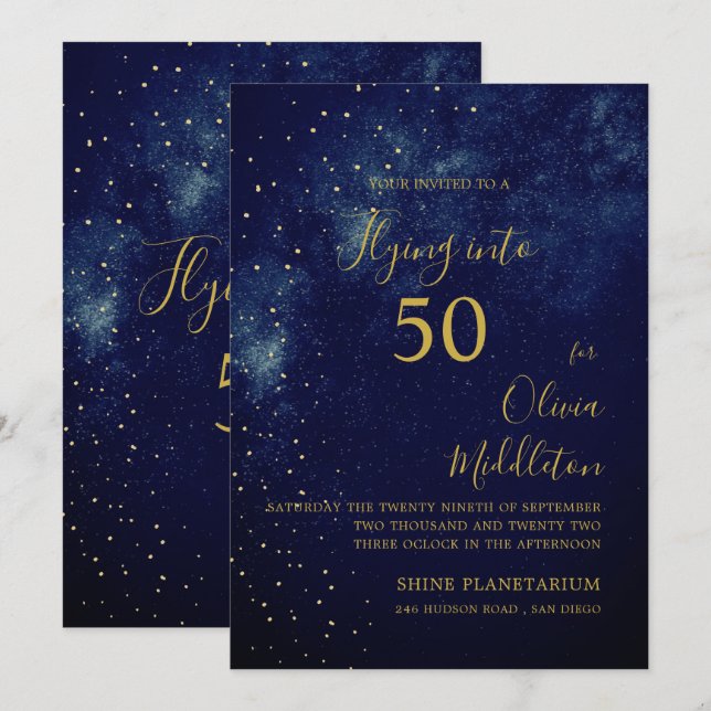 Invitación Cielo nocturno de cumpleaños 50 Astral Gold Stars  (Anverso / Reverso)