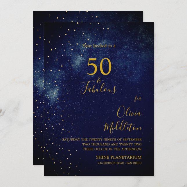 Invitación Cielo nocturno del 50 cumpleaños Estrellas doradas (Anverso / Reverso)