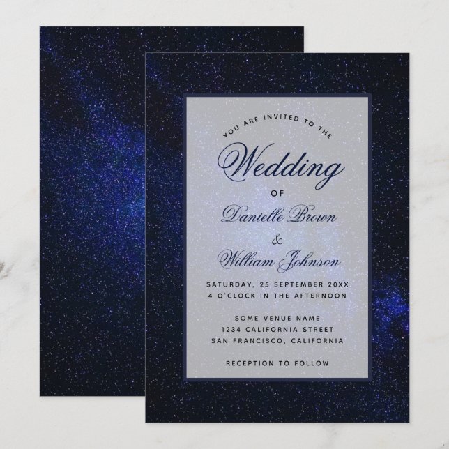Invitación Cielo Nocturno Estrellado Guion Elegante Boda  (Anverso / Reverso)