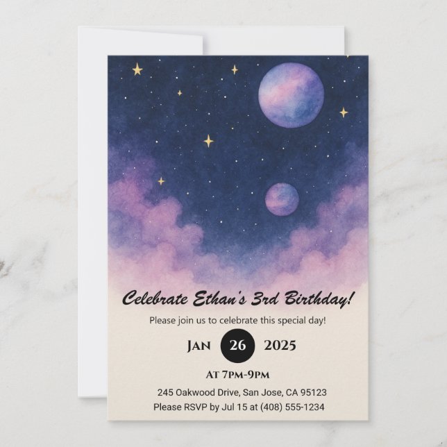Invitación Cielo Nocturno Suave con Planetas y Nubes Cumpleañ (Anverso)