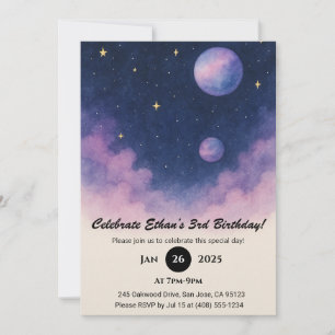 Invitación Cielo Nocturno Suave con Planetas y Nubes Cumpleañ