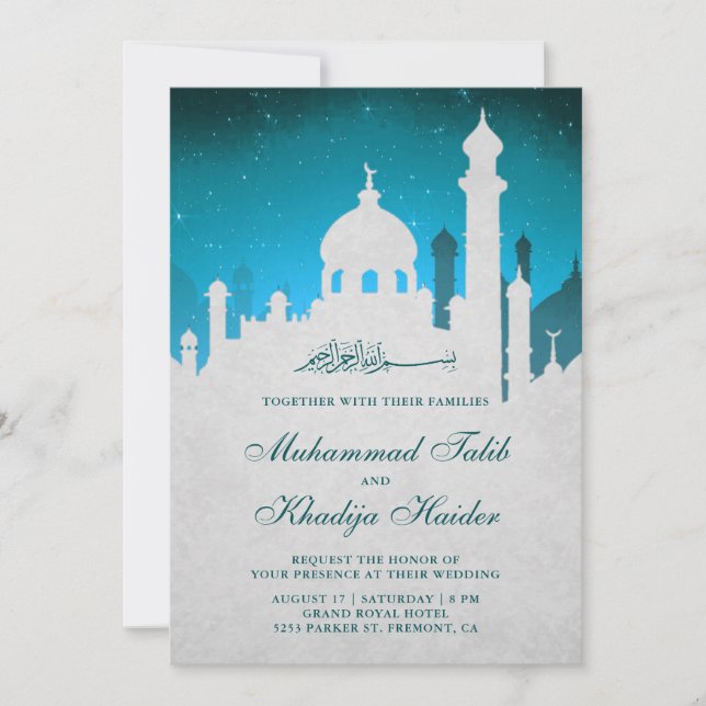 Invitación Cielo nocturno verde azulado Boda musulmana islámi (Anverso)