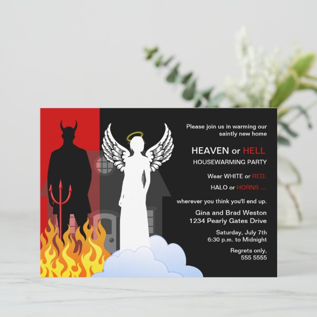 Invitación Cielo o infierno Fiesta que calienta el hogar (Anverso de pie)