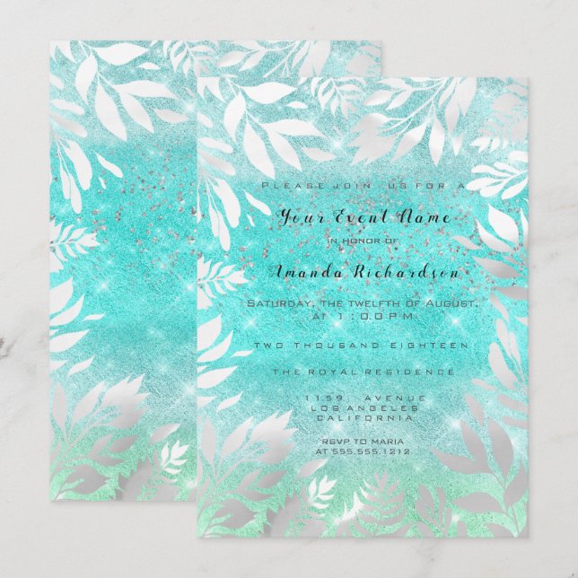 Invitación Cielo Oceano Azul Brillo Ombre Marco Floral (Anverso / Reverso)