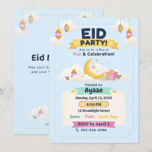 Invitación Cielo Pastel Azul Fiesta Eid de Niños Luna y Linte