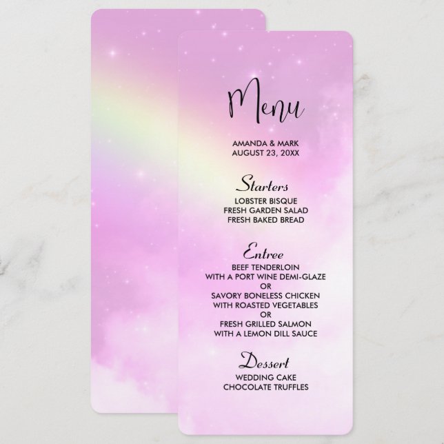 Invitación Cielo rosa con arcoiris amarillo limón (Anverso / Reverso)