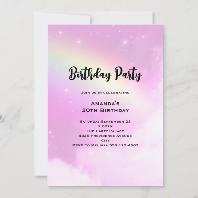 Invitación Cielo rosa con arcoiris amarillo limón cumpleaños (Anverso)