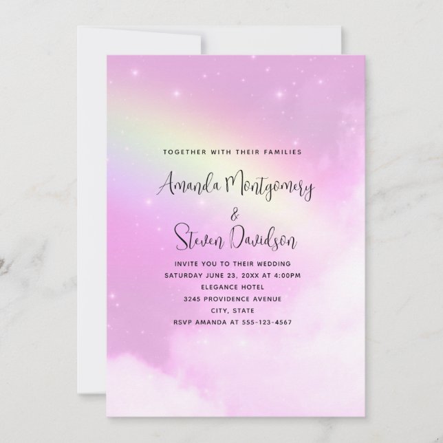 Invitación Cielo rosa con Boda arcoiris amarillo limón (Anverso)