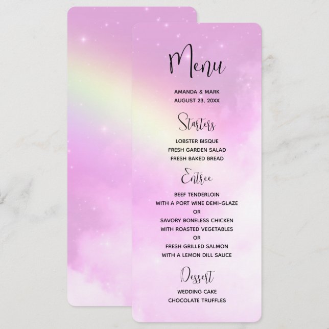Invitación Cielo rosa con menú de Boda arcoiris amarillo limó (Anverso / Reverso)