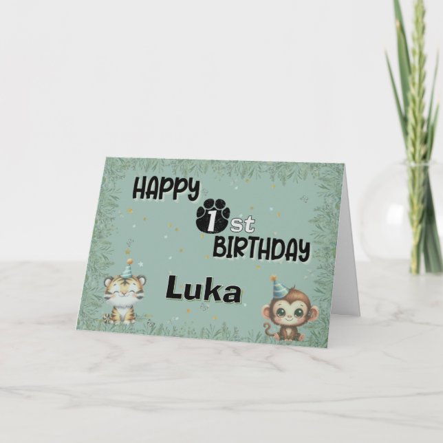 Invitación Cielo verde primer Safari salvaje Feliz cumpleaños (Anverso)