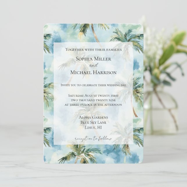 Invitación Cielos Azules Isla Tropical Palmeras Boda (Anverso de pie)