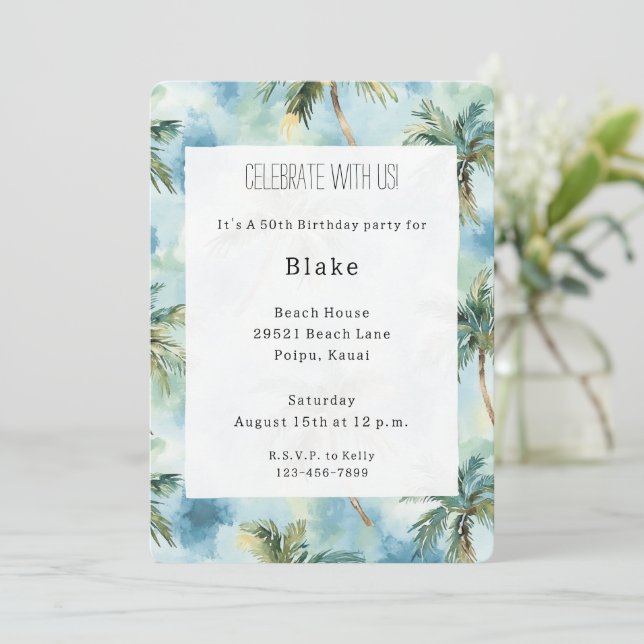 Invitación Cielos Azules Isla Tropical Palmeras Cumpleaños (Anverso de pie)