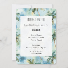 Invitación Cielos Azules Isla Tropical Palmeras Cumpleaños