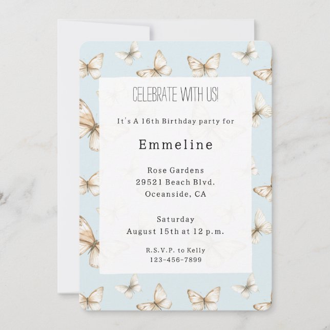 Invitación Cielos Azules y Cumpleaños de Mariposas (Anverso)