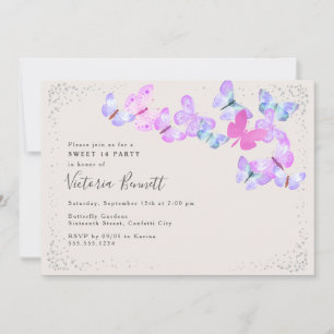 Invitación Cielos de Mariposa Rosa Plata Confeti Sweet 16