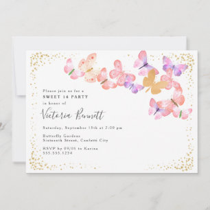 Invitación Cielos de Mariposas Coral Oro Confeti Dulces 16