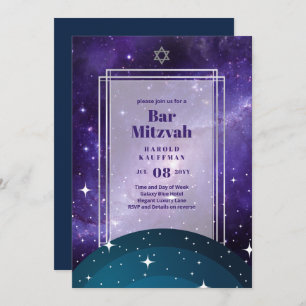 Invitación Cielos encima del BAR MITZVAH Galaxy Blue Gold Ele