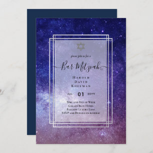 Invitación Cielos encima del BAR MITZVAH Galaxy Blue Gold Ele