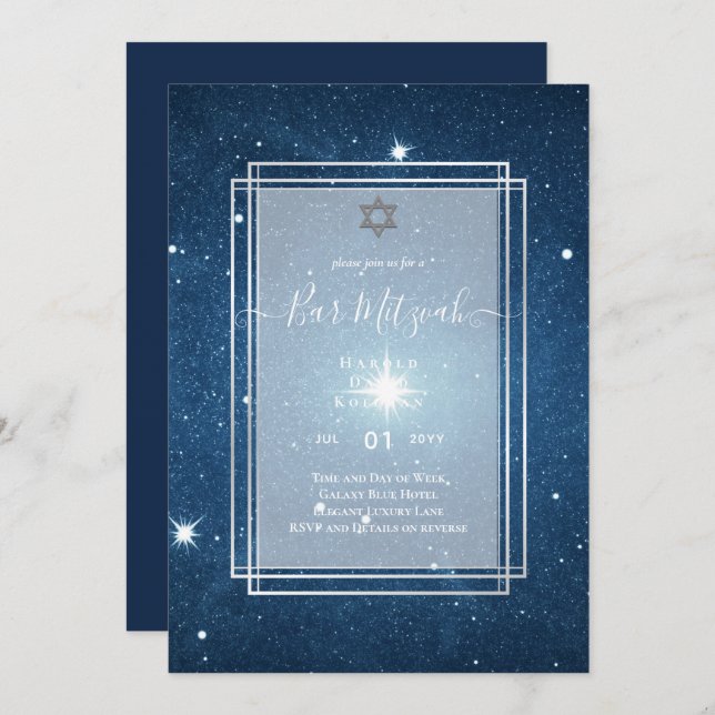 Invitación Cielos encima del BAR MITZVAH Galaxy Blue Gold Ele (Anverso / Reverso)