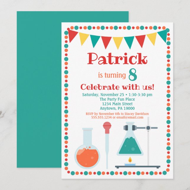 Invitación científica Fiesta de cumpleaños de quím (Anverso / Reverso)