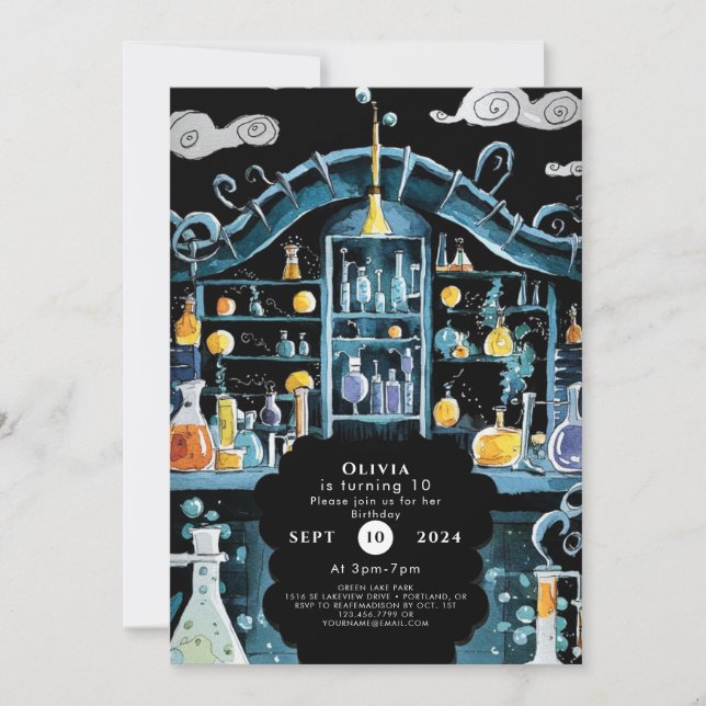 Invitación Científico experto en ciencia Pastel Cumpleaños (Anverso)