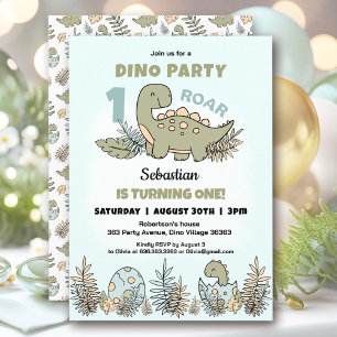 Invitación Ciento de dinosaurio azul Green Boy primer cumplea