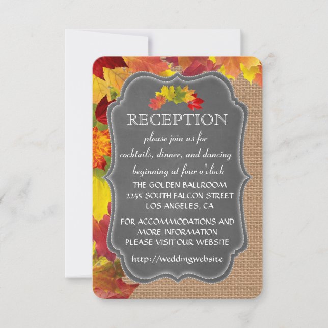 Invitación Cierre de recepción de boda de arpillera de otoño  (Anverso)
