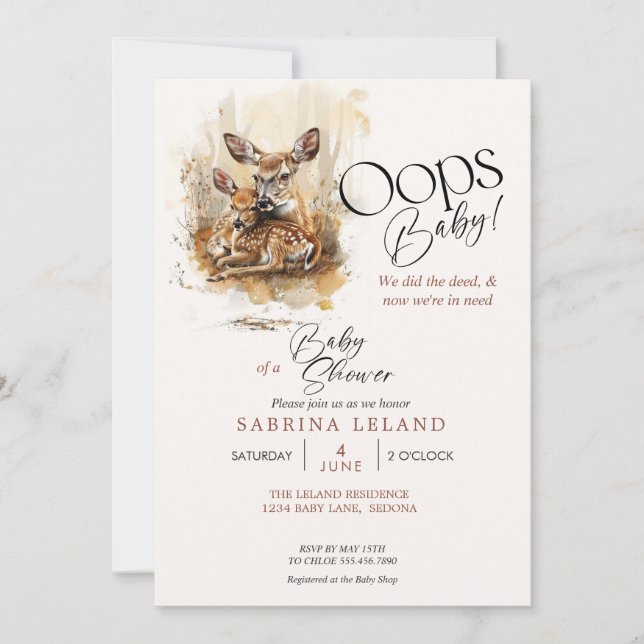 Invitación Ciervo A La Acuarela Rústica Oops Bebé  (Anverso)