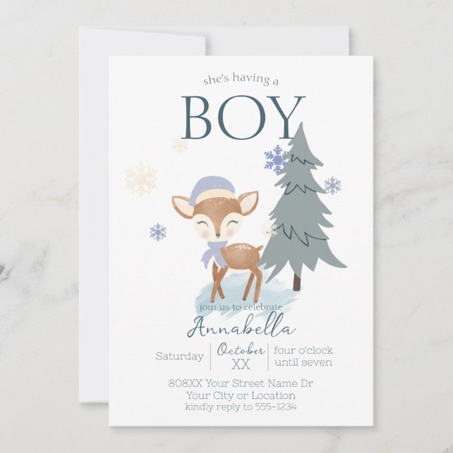 Invitación Ciervo bebé varón lindo de invierno (Anverso)