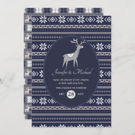 Invitación Ciervo de arte popular navideño azul marino para C