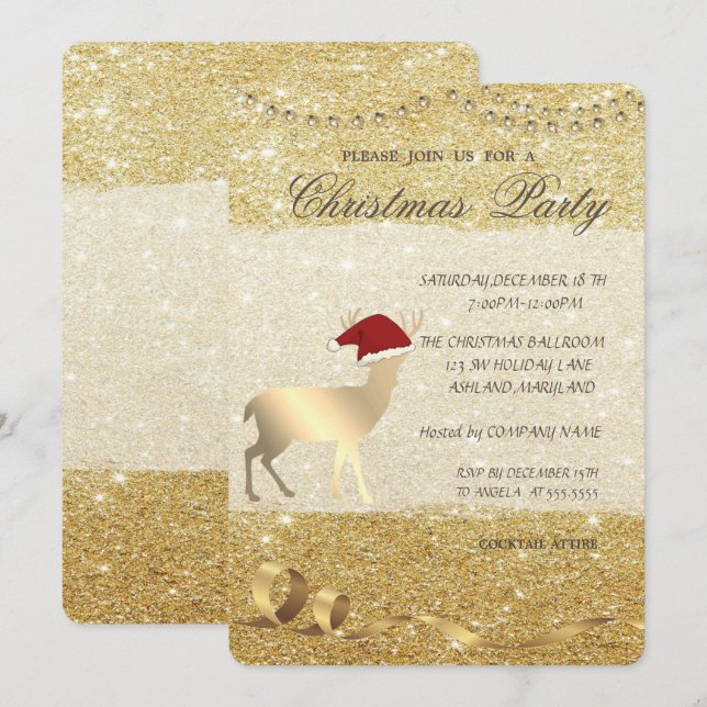 Invitación Ciervo de Navidad Elegante, Brillante, Fiesta de N (Anverso / Reverso)