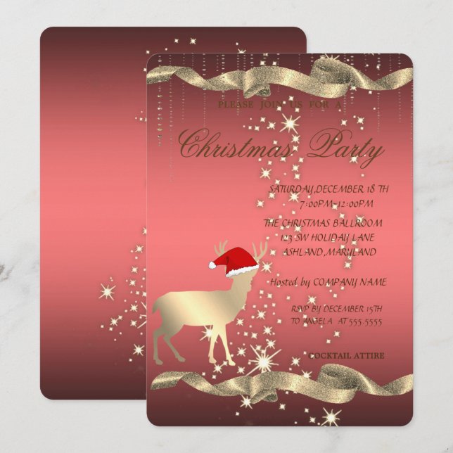 Invitación Ciervo de Navidad elegante con sombrero de Santa,  (Anverso / Reverso)
