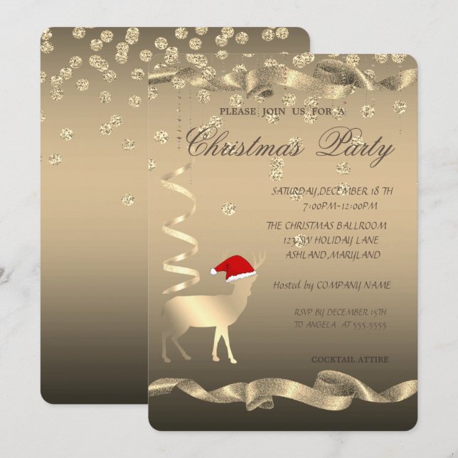 Invitación Ciervo de Navidad Sombrero de Santa, Diamantes, Fi (Anverso / Reverso)