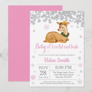 Invitación Ciervo Invierno Rosa Niña Baby Shower Copo de Niev