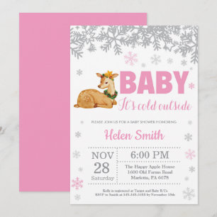 Invitación Ciervo Invierno Rosa Niña Baby Shower Copo de Niev