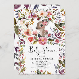 Invitación ciervo lindo y ducha de flores para bebé