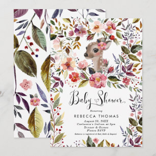 Invitación ciervo lindo y ducha de flores para bebé