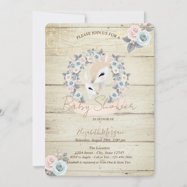 Invitación Ciervos Bebés Textura de Madera Flores Baby Shower (Anverso)