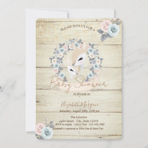 Invitación Ciervos Bebés Textura de Madera Flores Baby Shower