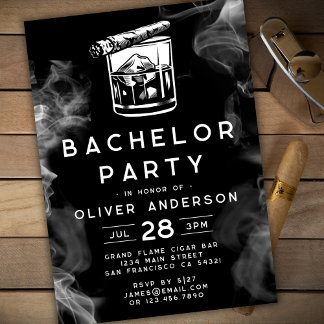 Invitación Cigarros modernos de bachiller Party y Whiskey Bla