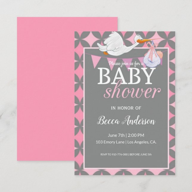 Invitación Cigüeña | Baby Shower Rosa (Anverso / Reverso)