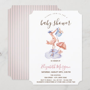 Invitación Cigüeña conejito rayas rosadas baby shower 